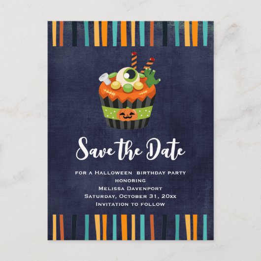 Cute & Creepy Halloween Cupcake Save the Date Uitnodiging Briefkaart (Voorkant)