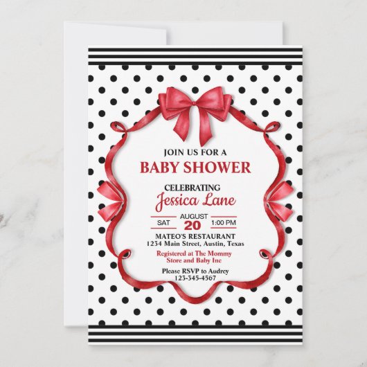 Cute Crimson Bow Baby Shower Invitation Kaart (Voorkant)