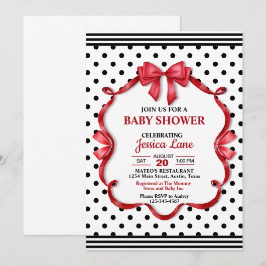 Cute Crimson Bow Baby Shower Invitation Kaart (Voorkant / Achterkant)