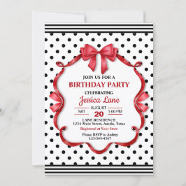 Cute Crimson Bow Birthday Invitation Kaart
