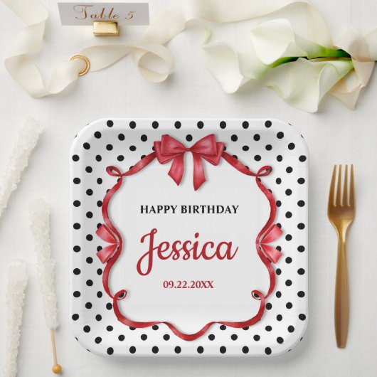 Cute Crimson Bow Birthday Papieren Bordje (Huwelijk)