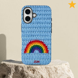 Cute Crochet Rainbow Custom Initials Monogram iPhone 16 Hoesje