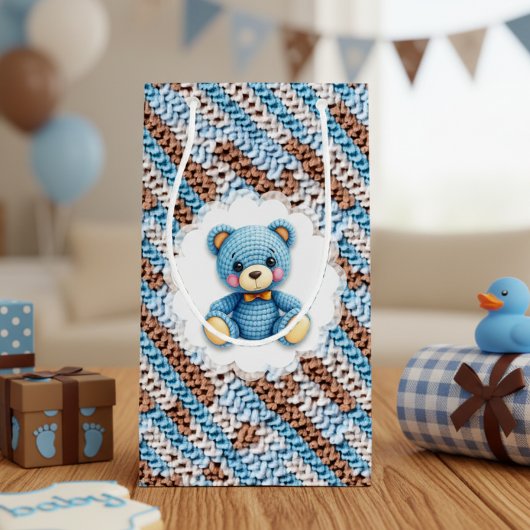 Cute Crochet Teddy Bear Blue and Brown Klein Cadeauzakje