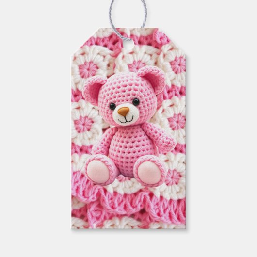Cute Crocheted Teddy Bear Girl's Baby Shower Cadeaulabel (Voorkant)