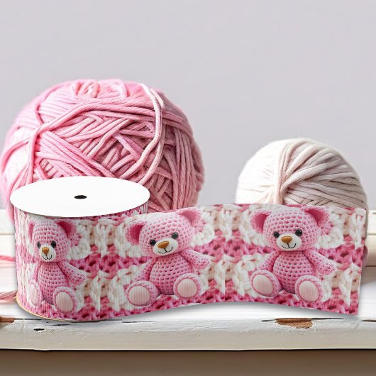Cute Crocheted Teddy Bear Girl's Baby Shower Grosgrain Lint