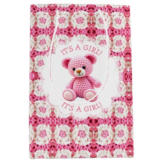 Cute Crocheted Teddy Bear Girl's Baby Shower Medium Cadeauzakje (Voorkant)
