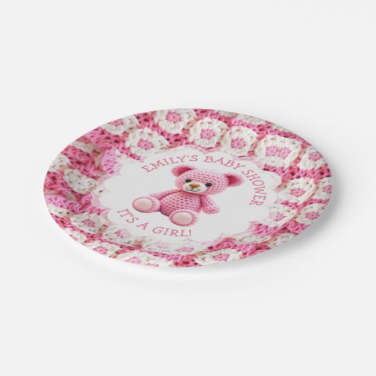 Cute Crocheted Teddy Bear Girl's Baby Shower Papieren Bordje (Gekanteld)