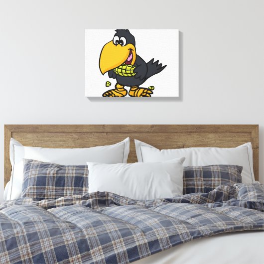 Cute crow-etende maïs | achtergrondkleur kiezen canvas afdruk (Insitu (Slaapkamer))