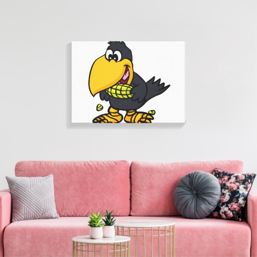 Cute crow-etende maïs | achtergrondkleur kiezen canvas afdruk (Insitu (Woonkamer))