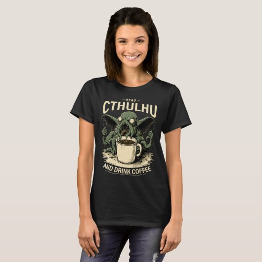 Cute Cthulhu and Coffee T-shirt (Voorkant volledig)