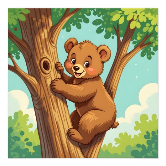 Cute cub bear climbing a tree foto afdruk (Voorkant)