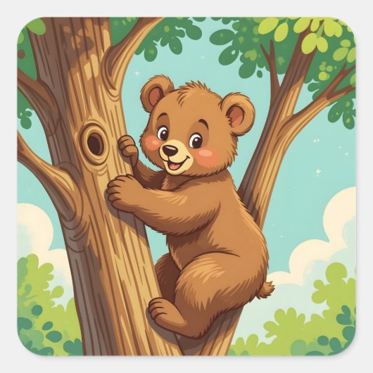 Cute cub bear climbing a tree vierkante sticker (Voorkant)