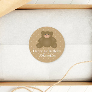 Cute Cudly Brown Baby Teddy Bear First Birthday Ronde Sticker