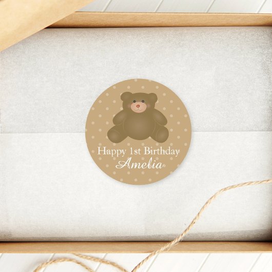 Cute Cudly Brown Baby Teddy Bear First Birthday Ronde Sticker