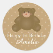 Cute Cudly Brown Baby Teddy Bear First Birthday Ronde Sticker (Voorkant)