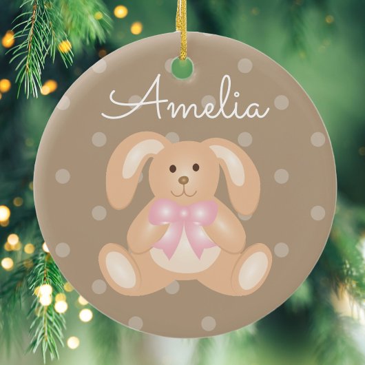 Cute Cudly Pink Ribbon Bunny Rabbit Add Jouw naam Keramisch Ornament