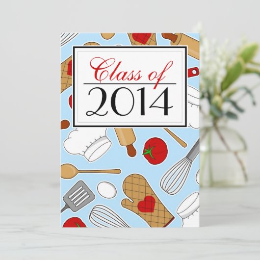 Cute Culinaire School Afstuderen Invite Blue Kaart (Staand voorkant)