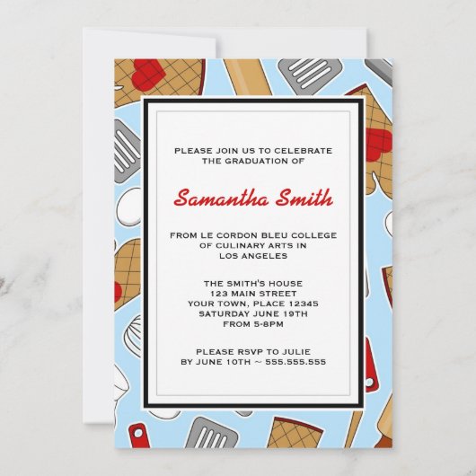Cute Culinaire School Afstuderen Invite Blue Kaart (Achterkant)