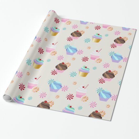 Cute Cupcake and Candy Pattern for Birthday Party Cadeaupapier (Uitgerold)