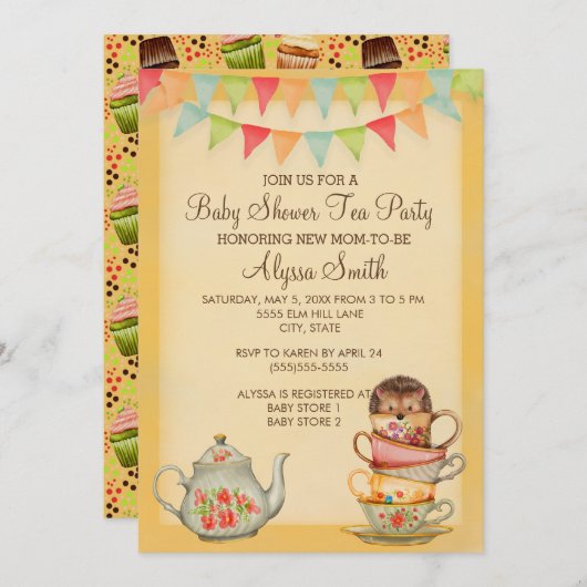 Cute Cupcake Baby shower Tea Party Invitation Kaart (Voorkant / Achterkant)