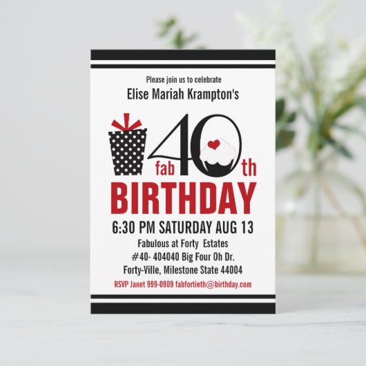 Cute Cupcake Black en Red 40th Birthday Kaart (Staand voorkant)