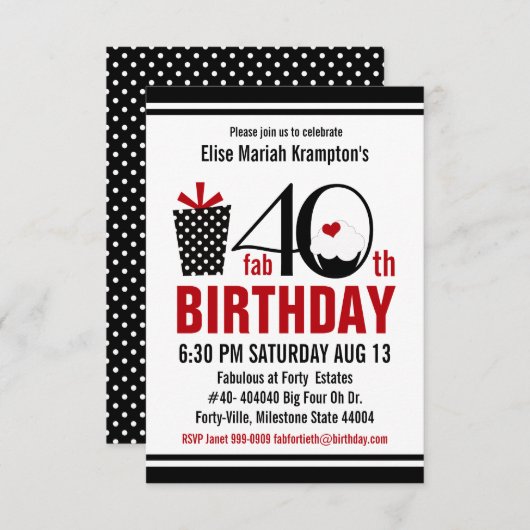 Cute Cupcake Black en Red 40th Birthday Kaart (Voorkant / Achterkant)