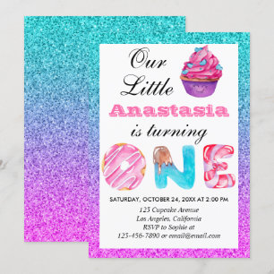 Cute Cupcake Blauwe Paarse Glitters 1e Verjaardag  Kaart