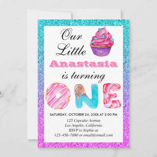 Cute Cupcake Blue Paars Glitter 1e verjaardag Kaart (Voorkant)