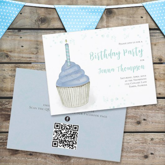 Cute Cupcake Blue QR Code Social Media Simple Kaart