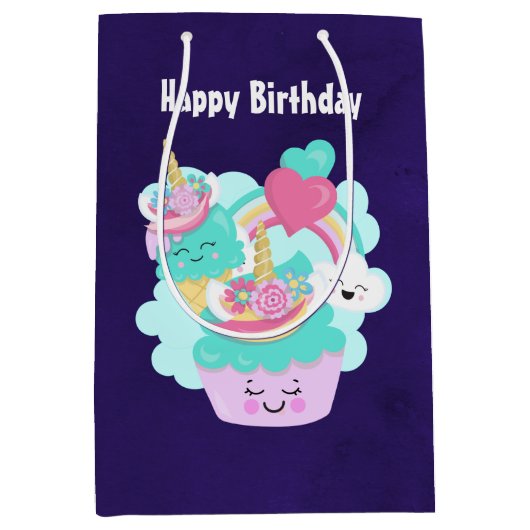 Cute Cupcake en Happy Ice Cream Birthday Medium Cadeauzakje (Voorkant)