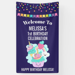 Cute Cupcake en Happy Ice Cream Birthday Spandoek
