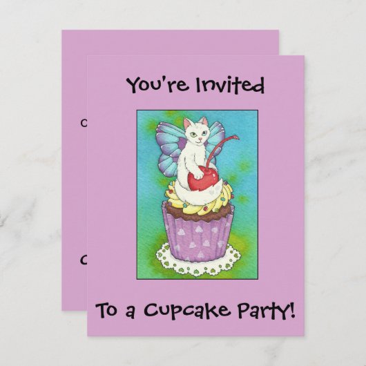 Cute Cupcake Kitty Cat Fairy Birthday Uitnodiging (Voorkant / Achterkant)