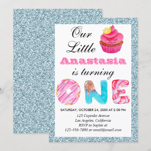 Cute Cupcake Light Blue Glitter 1st Birthday One Kaart