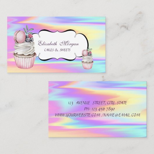 Cute Cupcake Macaron Bakery Colorful Holographic Visitekaartje (Voorkant / Achterkant)