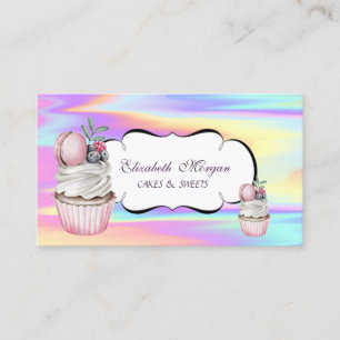 Cute Cupcake Macaron Bakery Colorful Holographic Visitekaartje