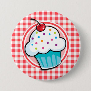 Cute Cupcake op Red en White Gingham Ronde Button 7,6 Cm