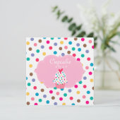 Cute Cupcake Party nodigt poka Dots Pink uit Kaart (Staand voorkant)