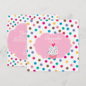 Cute Cupcake Party nodigt poka Dots Pink uit Kaart (Voorkant / Achterkant)