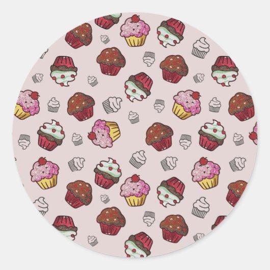 Cute Cupcake Patroon Ronde Sticker (Voorkant)