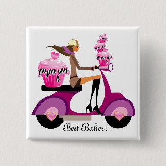 Cute Cupcake Scooter Girl Button Pink Zebra