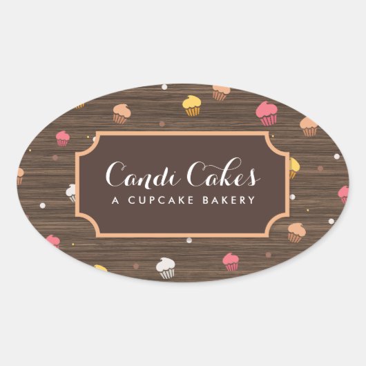 Cute Cupcakes Bakery Patroon Brown Wood Ovale Sticker (Voorkant)
