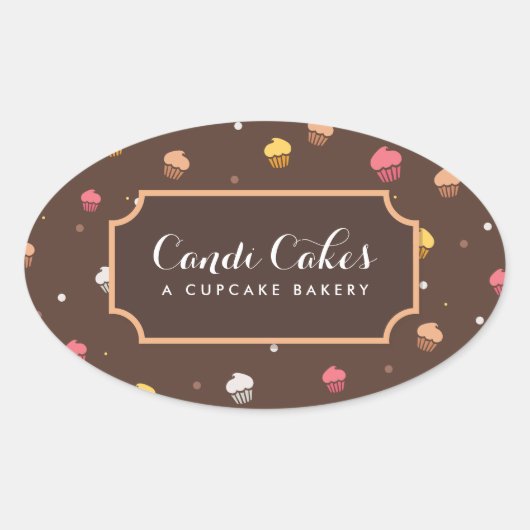 Cute Cupcakes Bakery Pattern Brown Ovale Sticker (Voorkant)