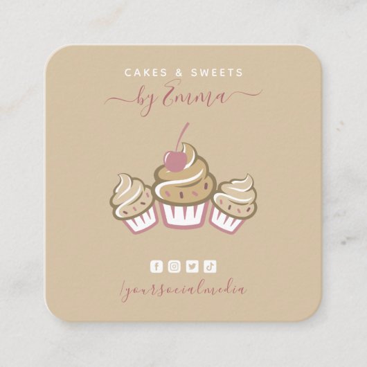 Cute cupcakes cram Bakery Social Media Beige Chic Vierkante Visitekaartje (Voorkant)