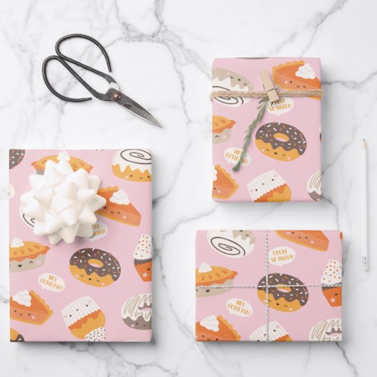 Cute cupcakes, donuts en taarten met tekst inpakpapier vel (Voorkant)