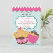 Cute Cupcakes Girls Birthday Party Invitation Kaart (Staand voorkant)