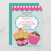 Cute Cupcakes Girls Birthday Party Invitation Kaart (Voorkant / Achterkant)