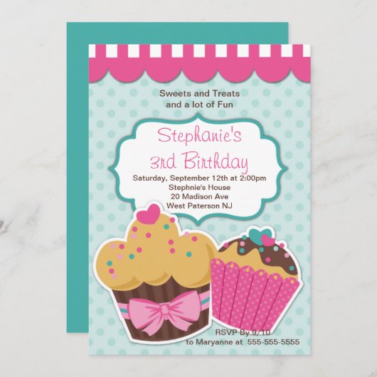 Cute Cupcakes Girls Birthday Party Invitation Kaart (Voorkant / Achterkant)
