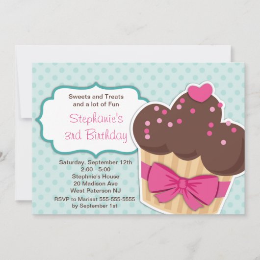 Cute Cupcakes Girls Birthday Party Invitation Kaart (Voorkant)