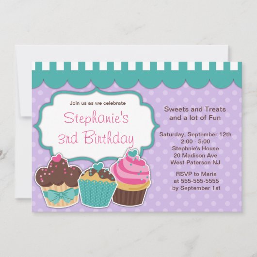 Cute Cupcakes Girls Birthday Party Invitation Kaart (Voorkant)