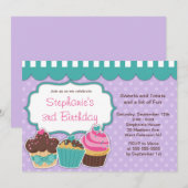 Cute Cupcakes Girls Birthday Party Invitation Kaart (Voorkant / Achterkant)